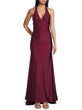 Honey and Rosie One-Shoulder Ruched Evening Gown - Burgundy